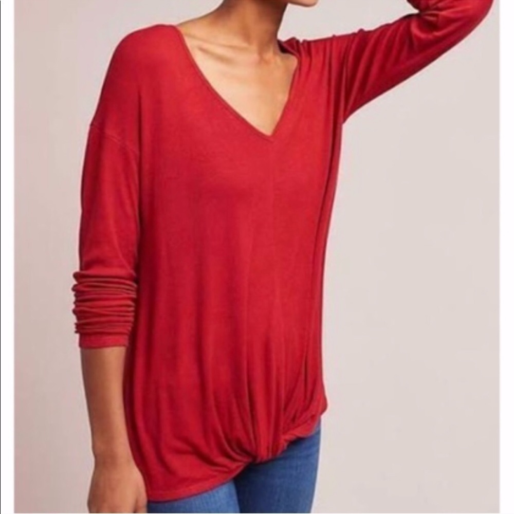 Anthropologie Bordeaux Red Ribbed Twist Front Top